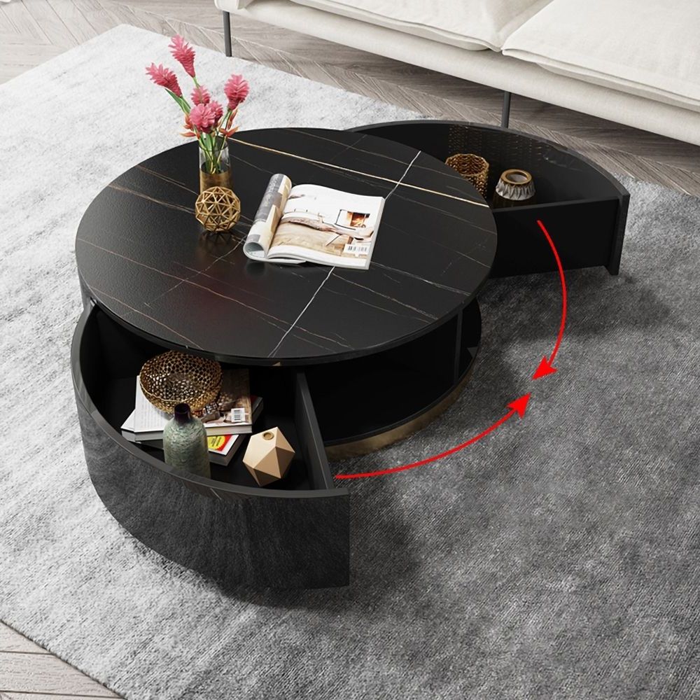 Best And Newest Swan Black Coffee Tables Pertaining To Black Round Coffee Table With Rotating Drawers Stone Top Stainless (View 9 of 10)