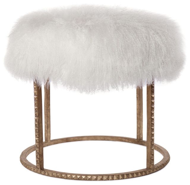 Best And Newest White Faux Fur And Gold Metal Ottomans Intended For Pom Pom Hollywood Regency White Lamb Gold Studded Pouf Ottoman (View 3 of 10)