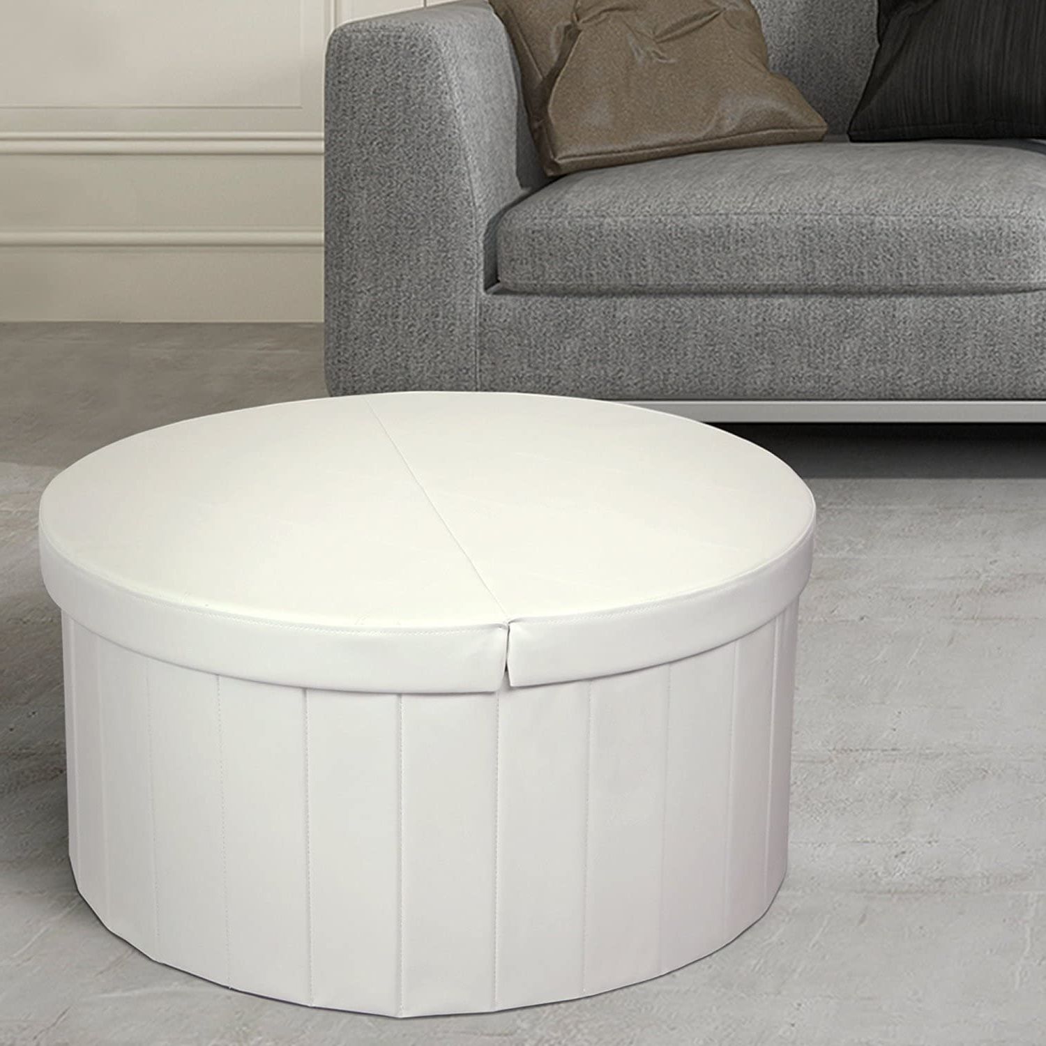 Best Round White Leather Ottoman Tufted – Your House Regarding Well Known Gray And Cream Geometric Cuboid Pouf Ottomans (View 9 of 10)