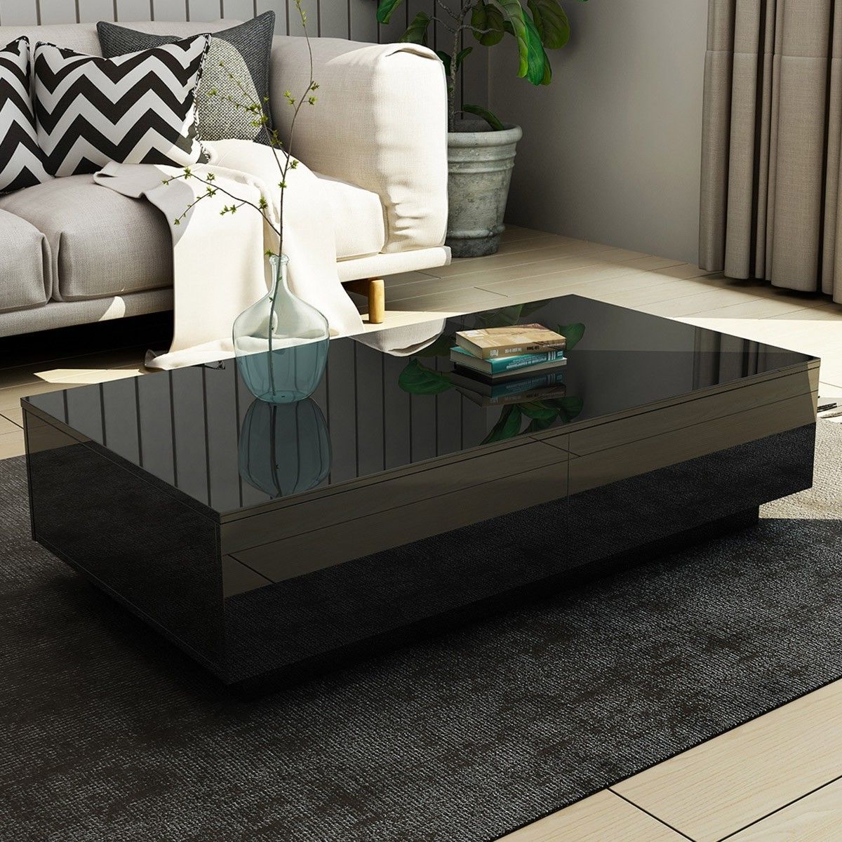 Black Coffee Tables Intended For Most Current New 4 Drawer Coffee Table Wood Living Room Furniture High Gloss Black (View 9 of 10)