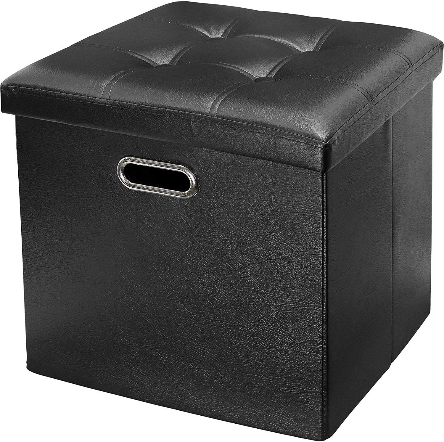 Black Faux Leather Ottomans With Pull Tab Inside Fashionable Faux Leather, Tufted, Ottoman Stool Seat And Foot Rest, Collapsible (View 3 of 10)