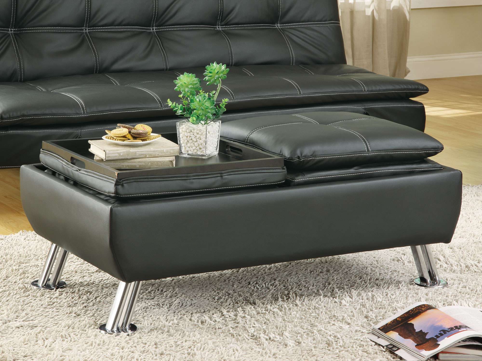 Black Faux Leather Storage Ottomans Pertaining To Newest Coaster Black Faux Leather Storage Ottoman With Reversible Tray Tops (View 5 of 10)