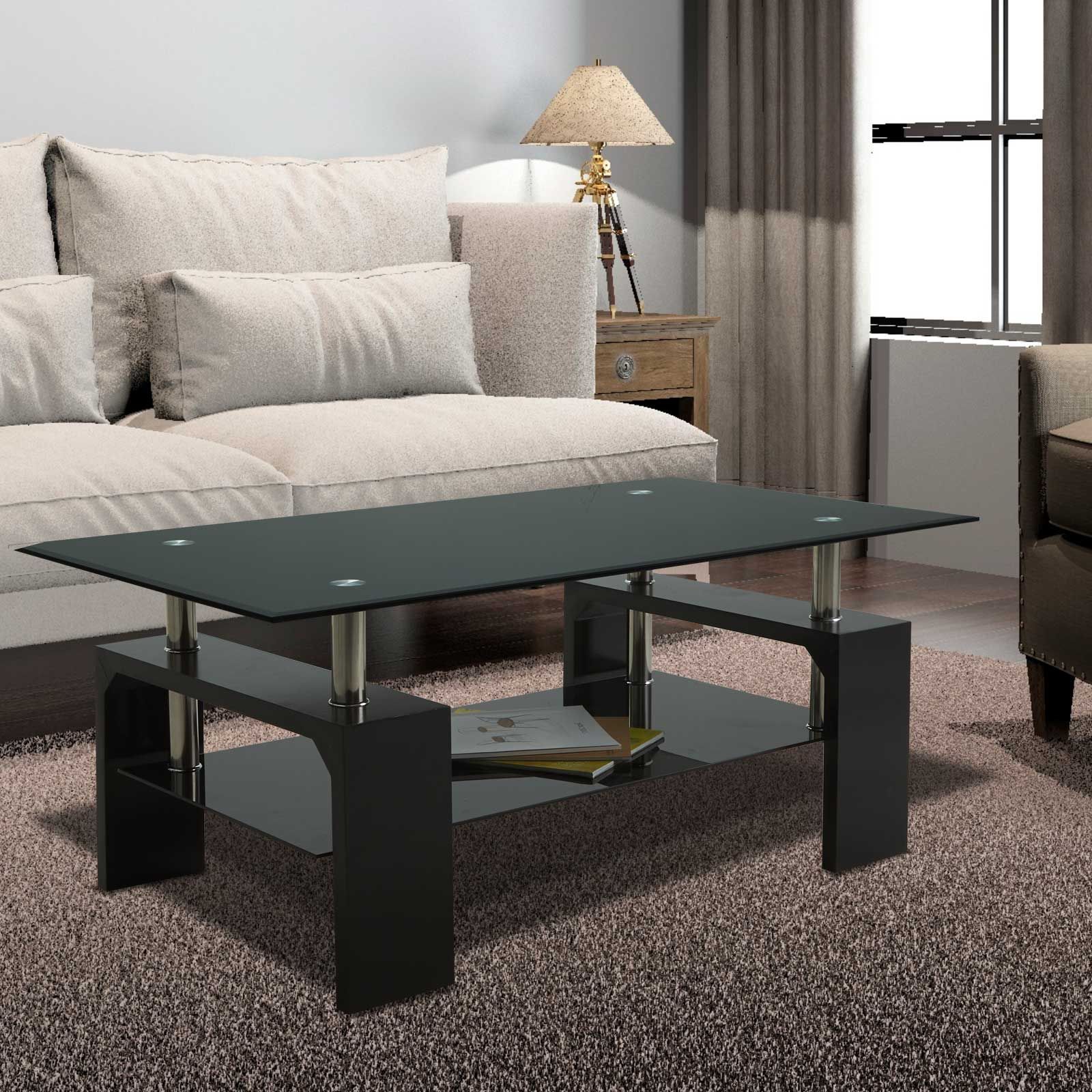 Black Glass Lift Top Coffee Table End Side Table W/shelf Living Room Throughout Preferred 3 Piece Shelf Coffee Tables (View 6 of 10)