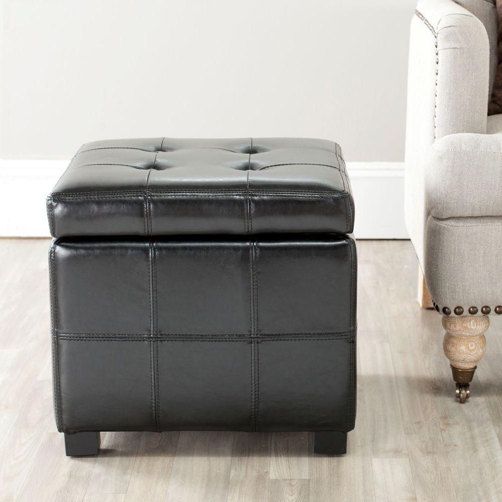 Black Leather And Gray Canvas Pouf Ottomans Inside Preferred Safavieh Kerrie Black Storage Ottoman Hud8231b – The Home Depot (View 3 of 10)