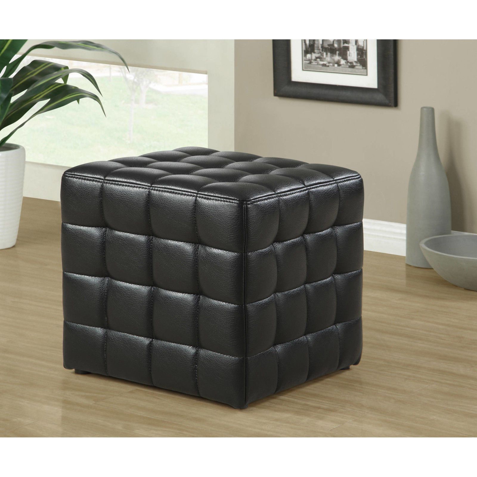 Black Leather Ottoman Chair Tufted Seat Foot Bed Room Stool Furniture Regarding Fashionable Black Leather And Gray Canvas Pouf Ottomans (View 9 of 10)