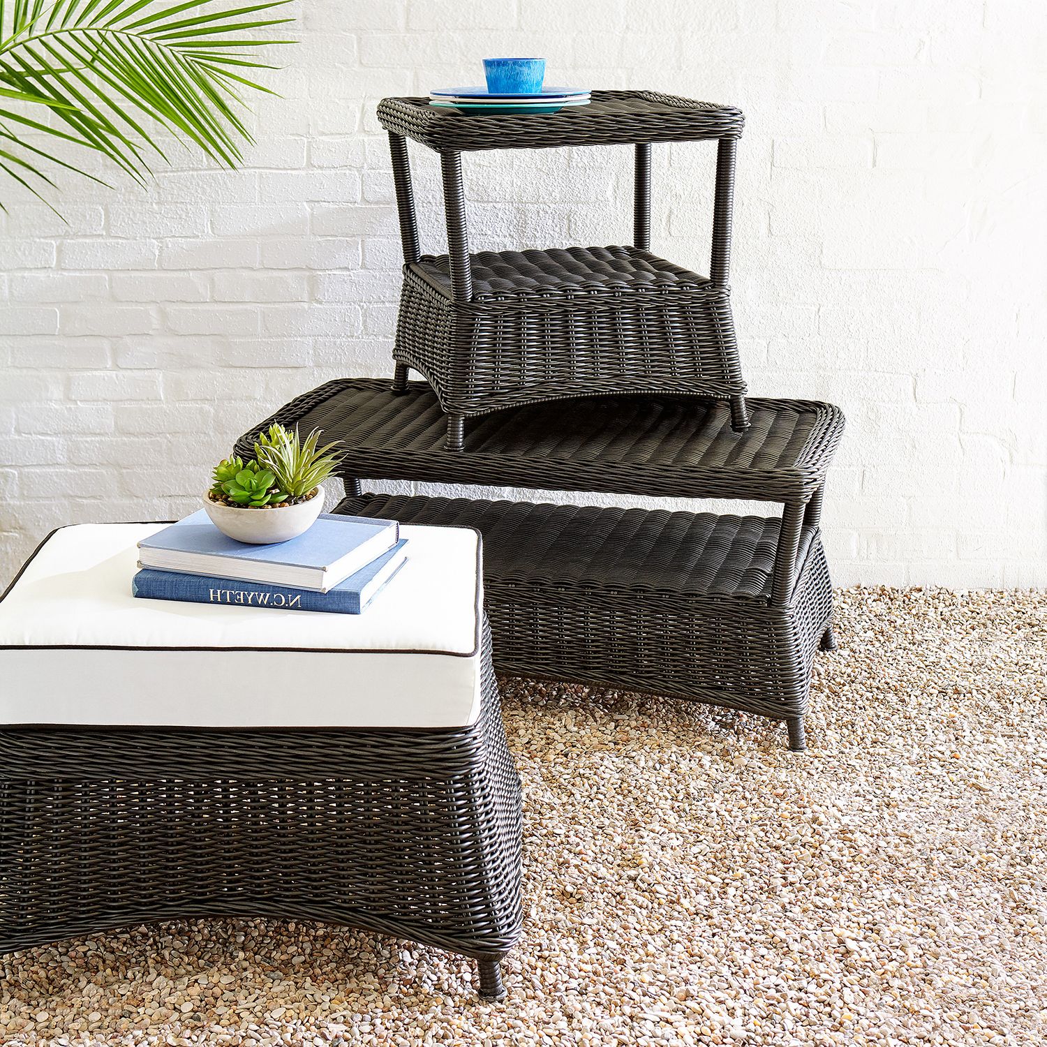Black Wicker Ottoman With Cushion – Pier1 Throughout Favorite Black And Off White Rattan Ottomans (View 4 of 10)