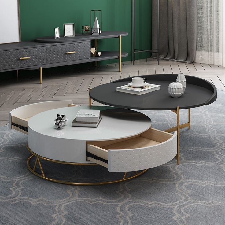 Black Wood Storage Coffee Tables Inside Trendy Round Nesting Coffee Table With Storage Rotatable Drawers Wood In White (View 10 of 10)