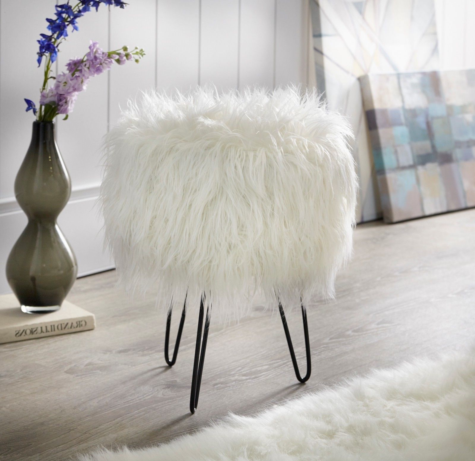 Bohemian Glam 14" Round White Faux Fur Ottoman Footstool Footrest Intended For Well Known White Faux Fur And Gold Metal Ottomans (View 2 of 10)