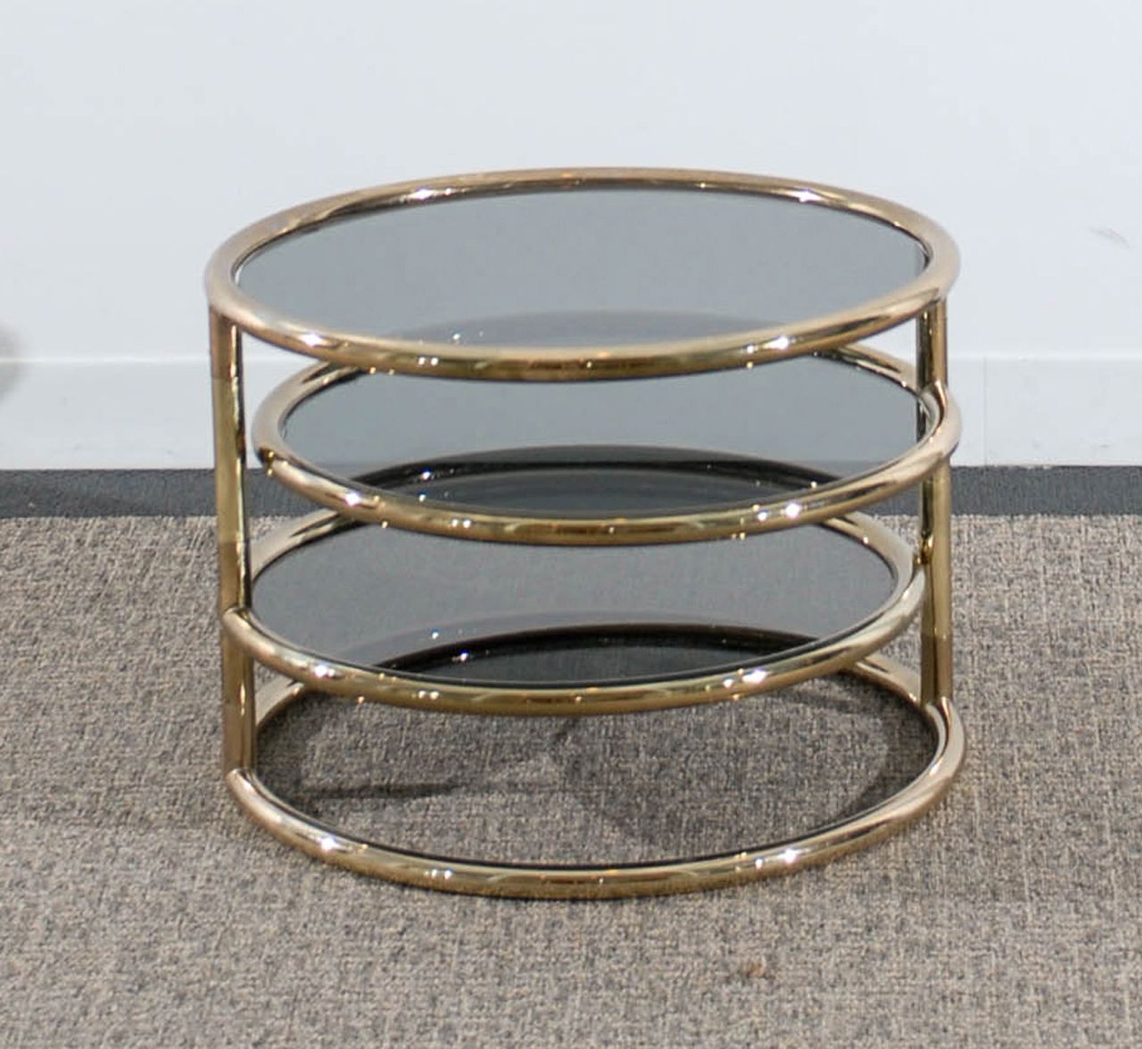 Brass Smoked Glass Cocktail Tables Regarding Well Known Pair Of Tubular Brass Three Tiered Tables With Smoke Glass (View 8 of 10)