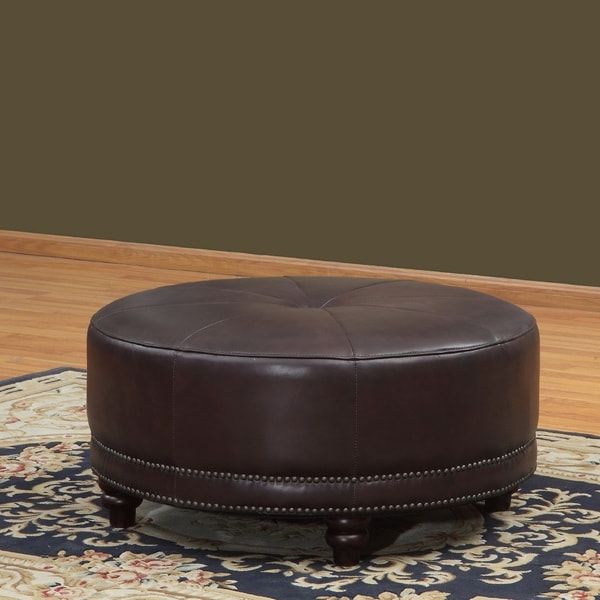 Brown And Ivory Leather Hide Round Ottomans With Well Known Lazzaro Leather Cindy Round Leather Ottoman – 17307695 – Overstock (View 1 of 10)