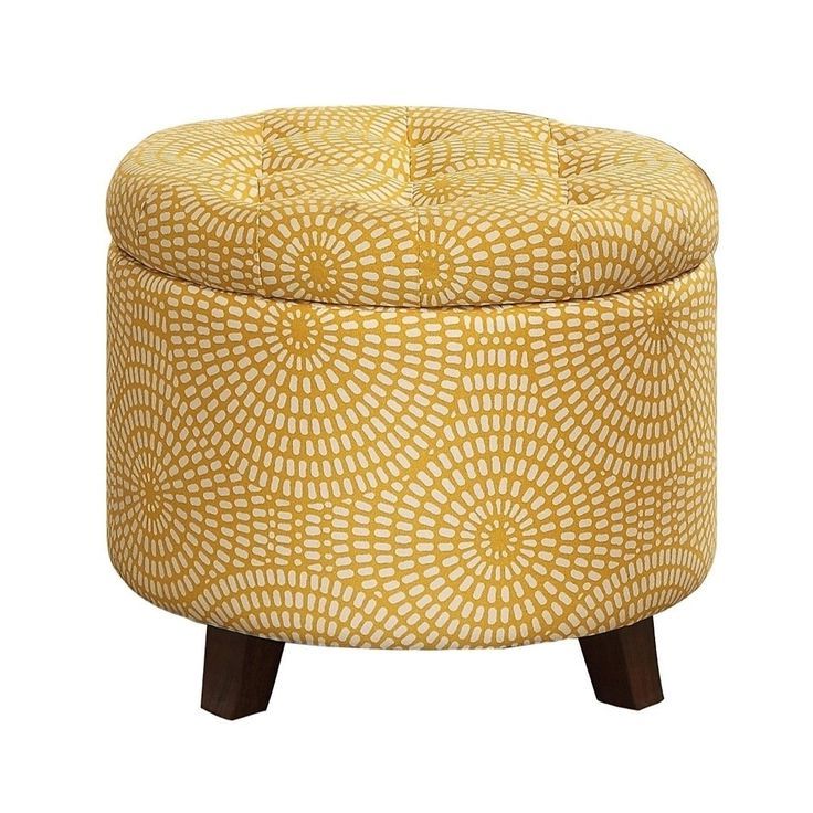 Brown Fabric Tufted Surfboard Ottomans With Regard To Most Up To Date Button Tufted Wooden Round Storage Ottoman Upholstered In Fabric (View 9 of 10)