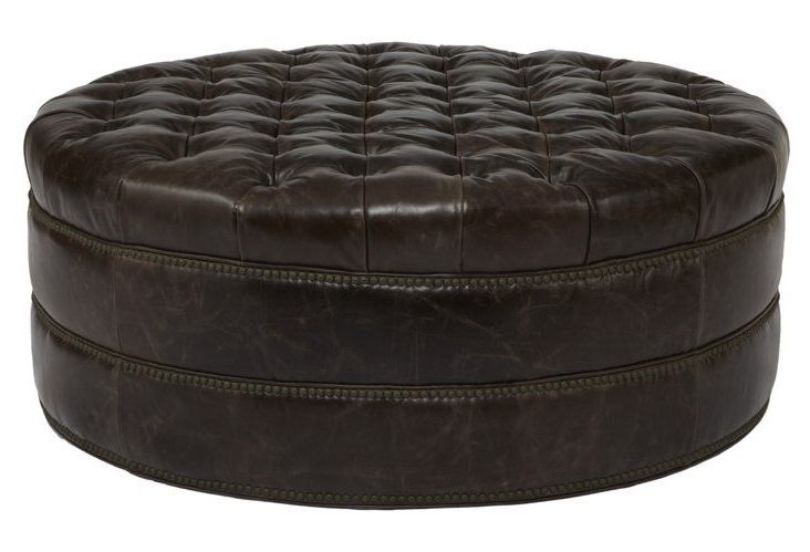 Brown Faux Leather Tufted Round Wood Ottomans Regarding Favorite Nora Tufted Leather Ottoman, Dark Brown (View 7 of 10)
