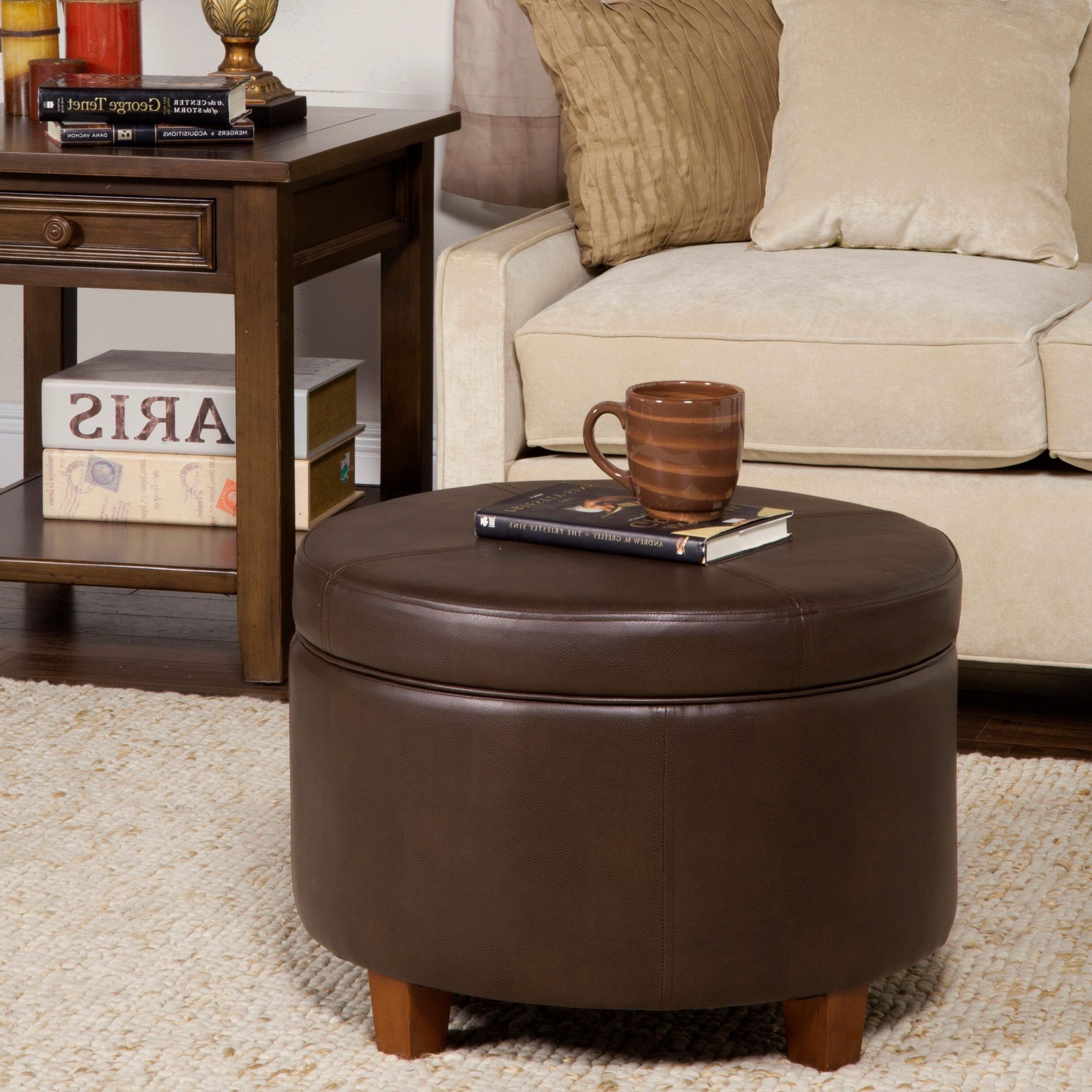 Brown Faux Leather Tufted Round Wood Ottomans With Trendy Porch & Den Rockwell Chocolate Brown Faux Leather/foam/wood Large Round (View 2 of 10)