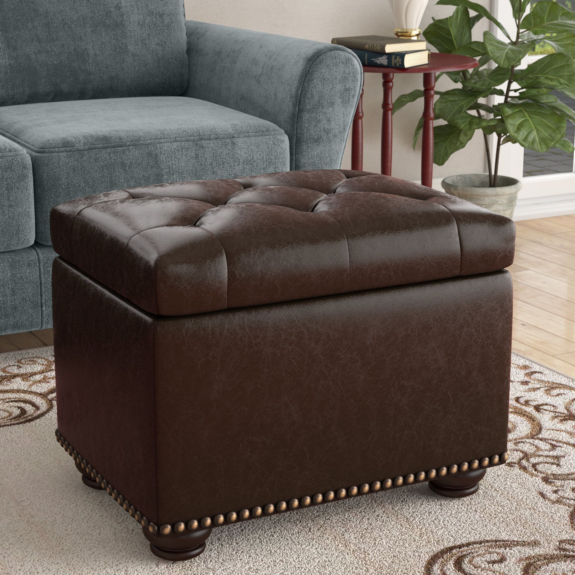 Brown Leather Round Pouf Ottomans Within Current Boston Espresso Brown Tufted Leather Storage Ottoman Coffee Table (View 9 of 10)