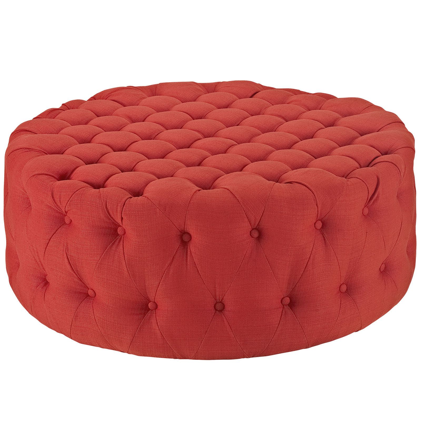 Button Tufted Fabric Upholstered Round Ottoman In Atomic Red Pertaining To Current Tufted Fabric Ottomans (View 6 of 10)