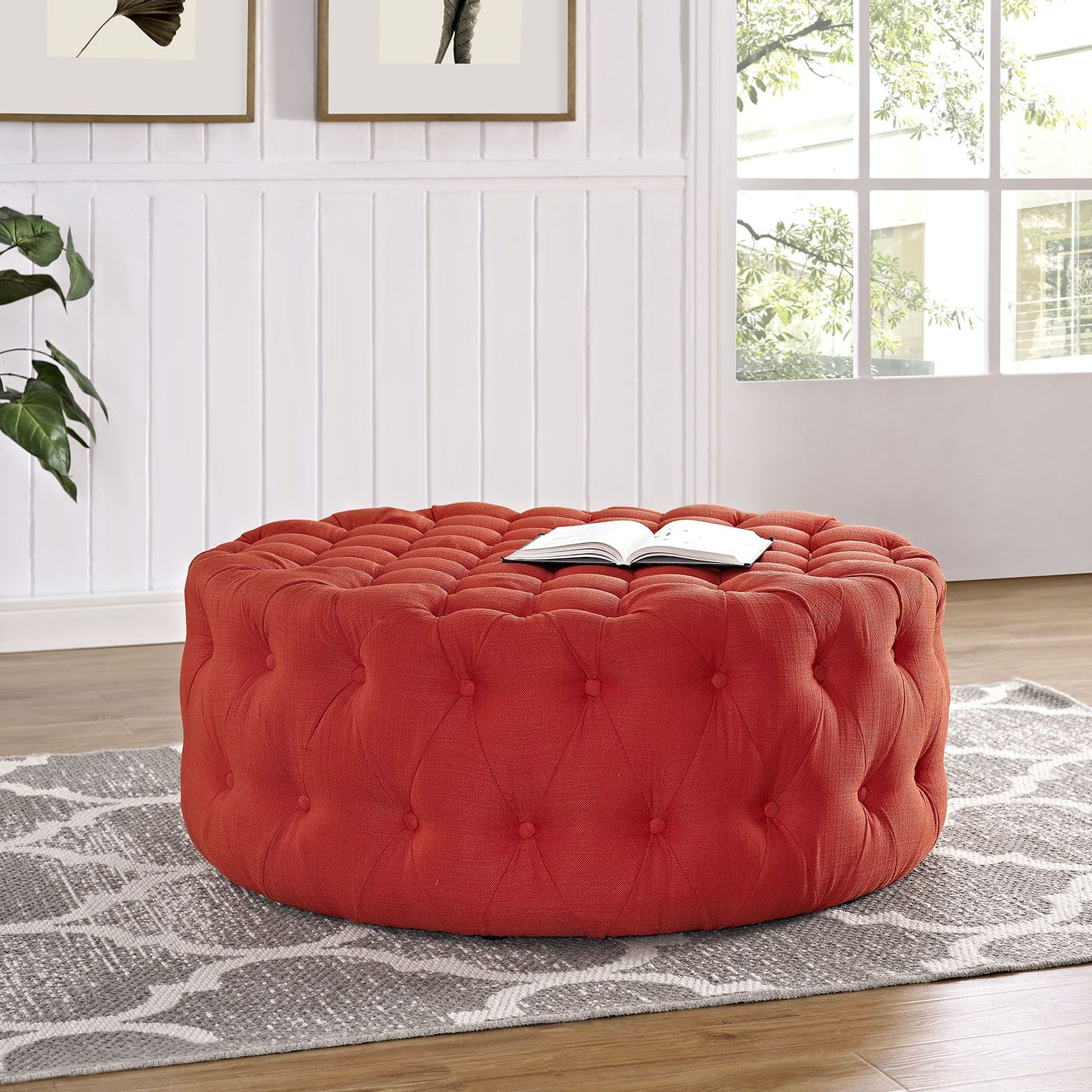 Button Tufted Fabric Upholstered Round Ottoman In Atomic Red Throughout 2019 Black Fabric Ottomans With Fringe Trim (View 6 of 10)