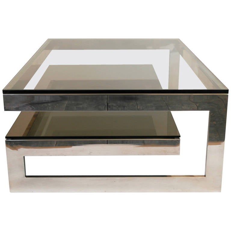 Cantilevered 'g' Mirror Chrome Coffee Table With Smoke Glass Tiered Pertaining To Famous Mirrored And Chrome Modern Cocktail Tables (View 7 of 10)