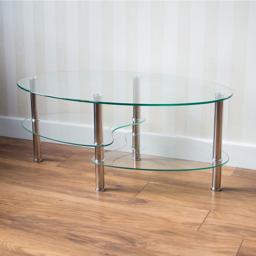 Cara Coffee Table Black Clear Frosted Oval Glass Top Stainless Steel With Most Popular Clear Glass Top Cocktail Tables (View 1 of 10)