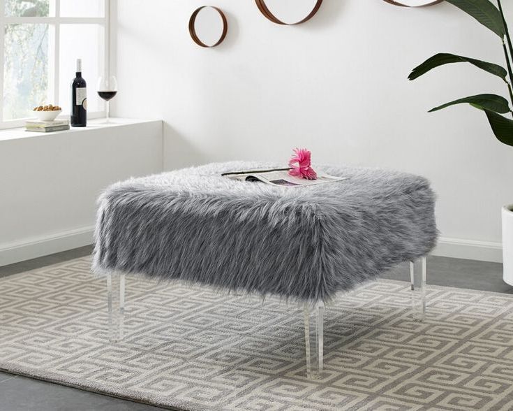 Charcoal Brown Faux Fur Square Ottomans With Most Popular D7942 Belize Smokey Gray Faux Fur Fabric Square Ottoman Stool Bench (View 10 of 10)