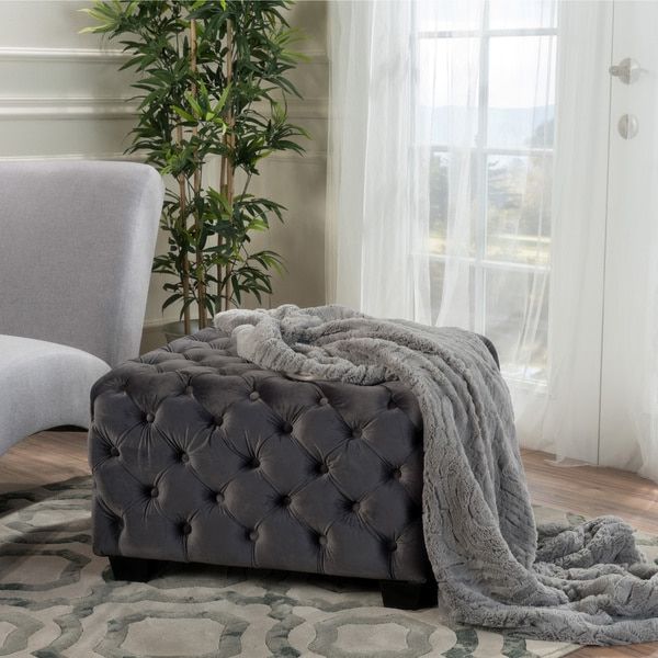 Charcoal Gray Velvet Tufted Rectangular Ottoman Benches With Favorite Piper Tufted Velvet Fabric Square Ottoman Bench In Greychristopher (View 5 of 10)