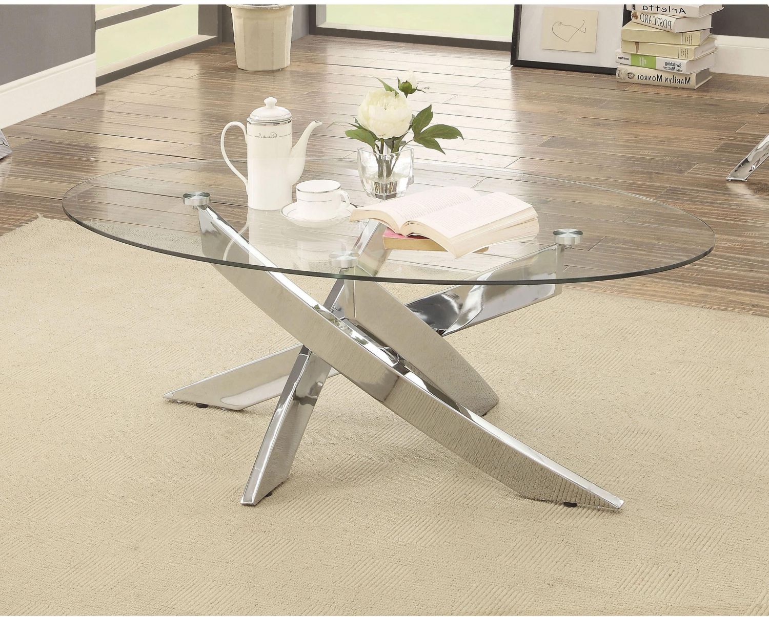 Chrome Coffee Tables Within Most Recently Released Glass, Chrome Oval Coffee Table Shiny Silver Criss Cross Metal Base (View 1 of 10)