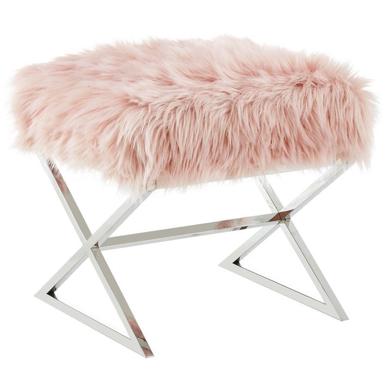 Chrome Metal Ottomans With Regard To 2020 Posh Colin Faux Fur Fabric Ottoman With Stainless Steel X Legs In Rose (View 5 of 10)