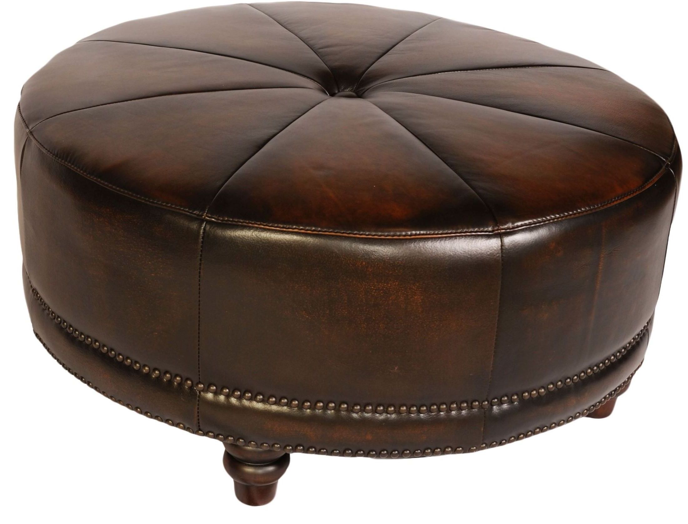 Cindy Black & Tan Leather Round Ottoman From Lazzaro (wh F371 3358b In Recent Black Leather Foot Stools (View 3 of 10)