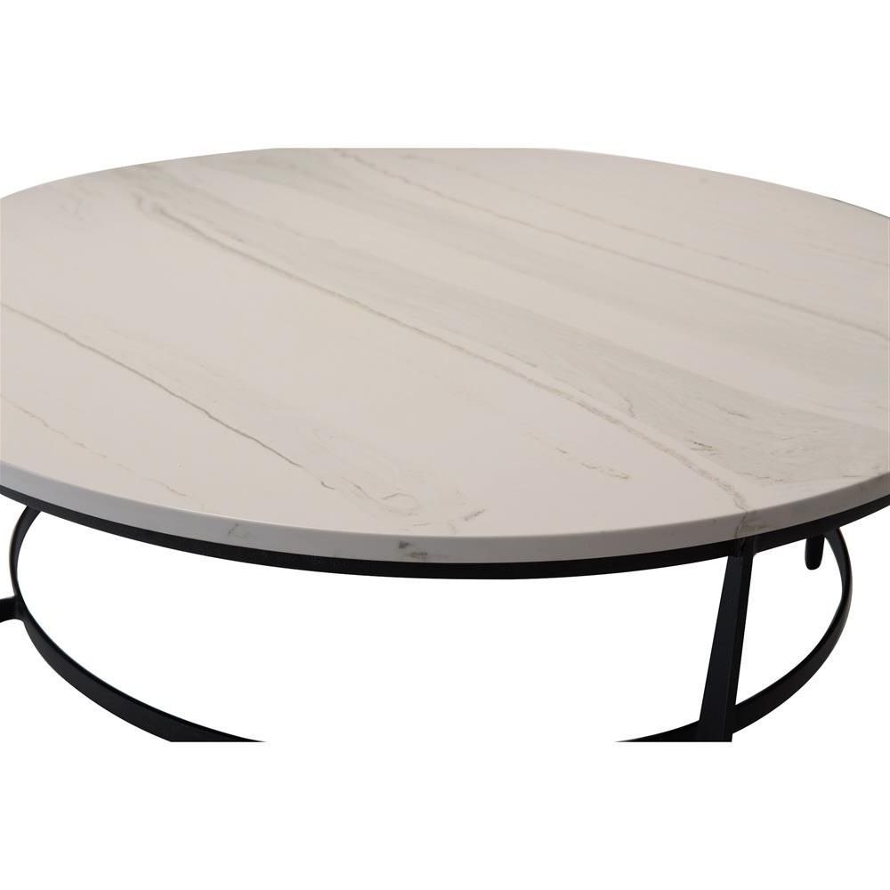 Cleo Modern Classic Round White Faux Marble Top Black Metal Round Pertaining To Recent Black Metal And Marble Coffee Tables (View 9 of 10)