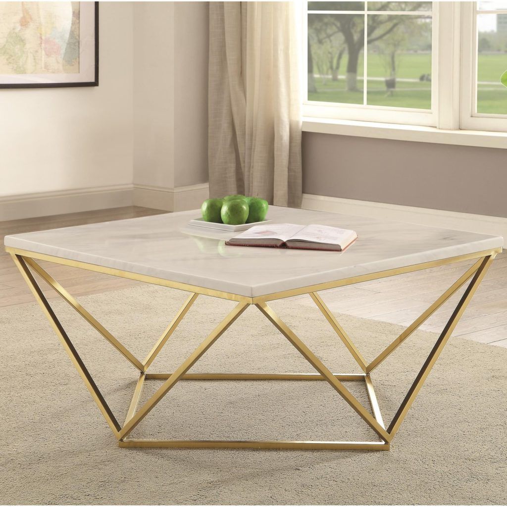 Coaster #700846 White Marble/brass Coffee Table – Curley's Furniture Intended For Famous Marble Coffee Tables (View 1 of 10)