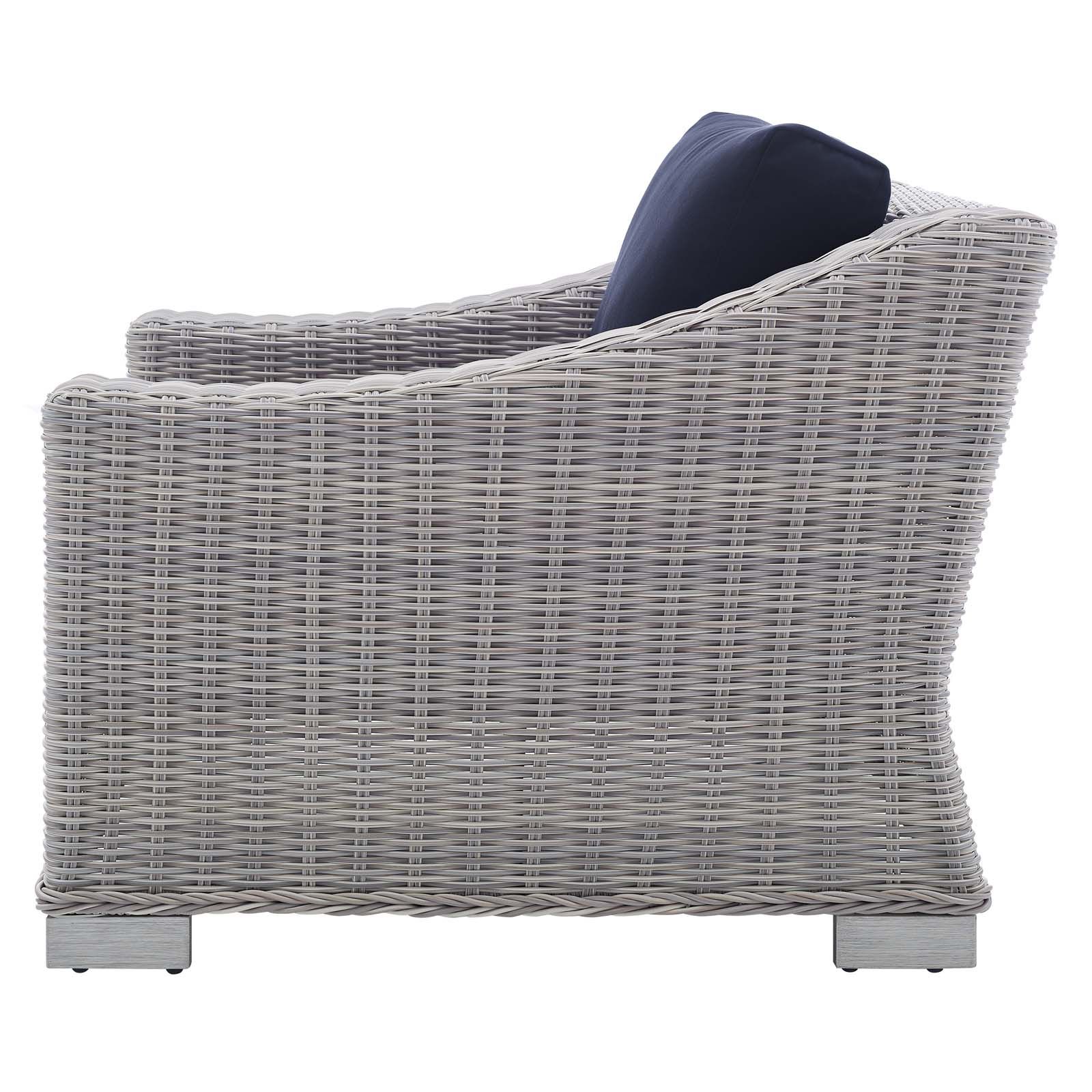 Conway Sunbrella® Outdoor Patio Wicker Rattan 2 Piece Armchair And Within Trendy Navy And Light Gray Woven Pouf Ottomans (View 2 of 10)