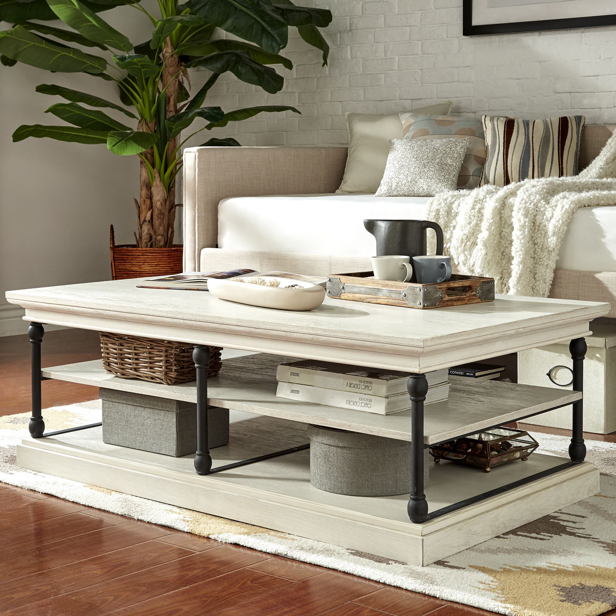 Cornice Rectangle Storage Shelf Coffee Table – Antique Whiteinspire Throughout Well Known Square Weathered White Wood Coffee Tables (View 2 of 10)