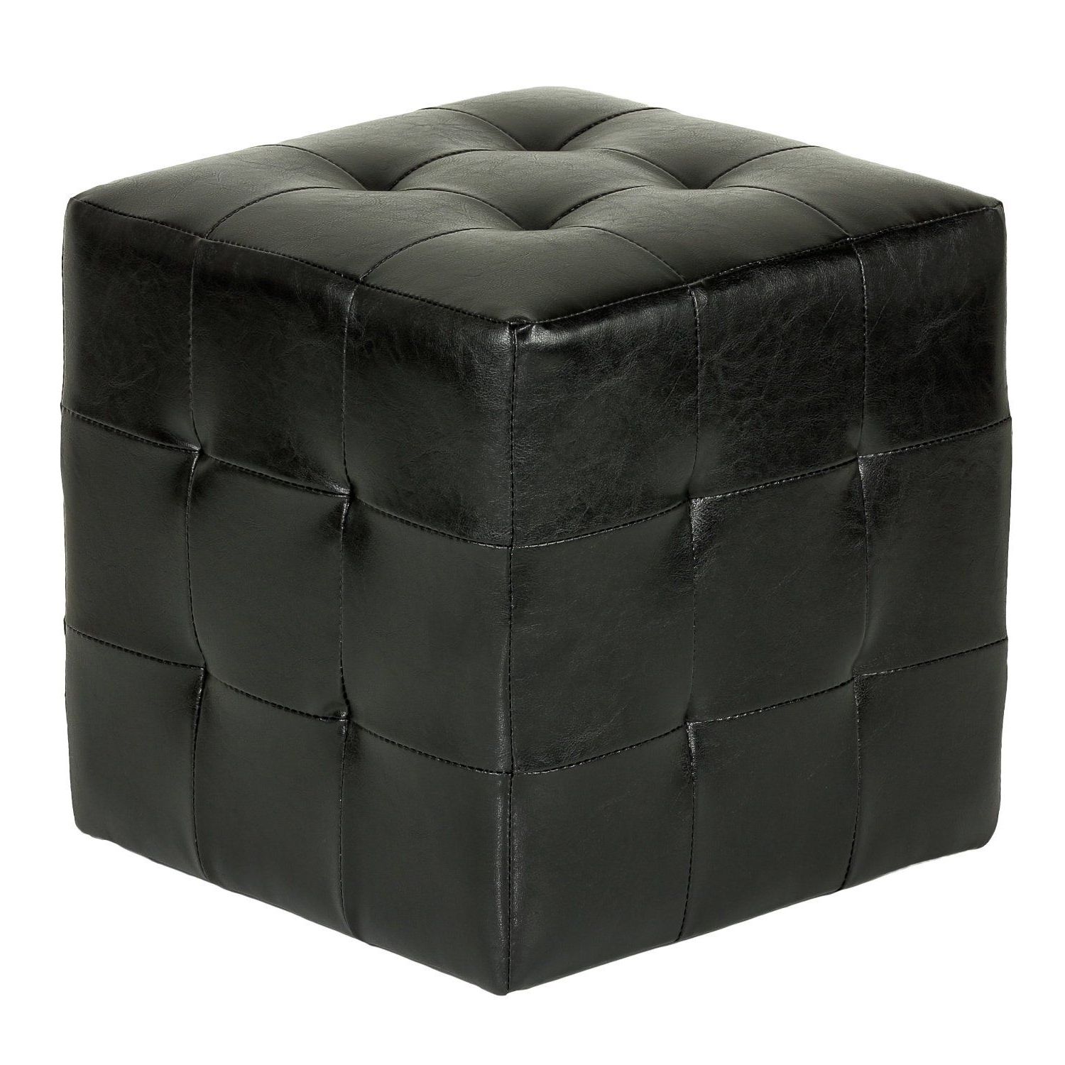 Cortesi Home Braque Tufted Cube Ottoman In Leather Like Vinyl, Red With Fashionable Black Faux Leather Cube Ottomans (View 4 of 10)