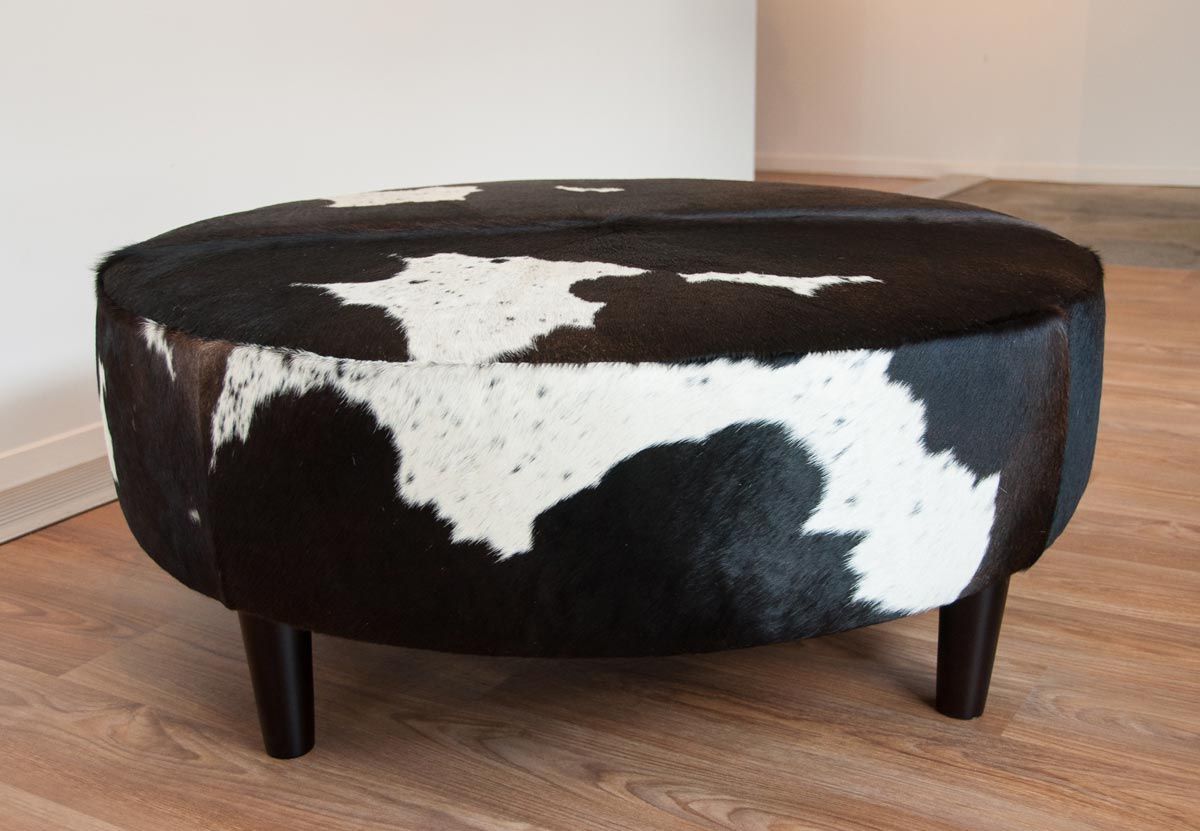 Cowhide Ottoman, Round Ottoman, Leather In Well Known Gold And White Leather Round Ottomans (View 10 of 10)