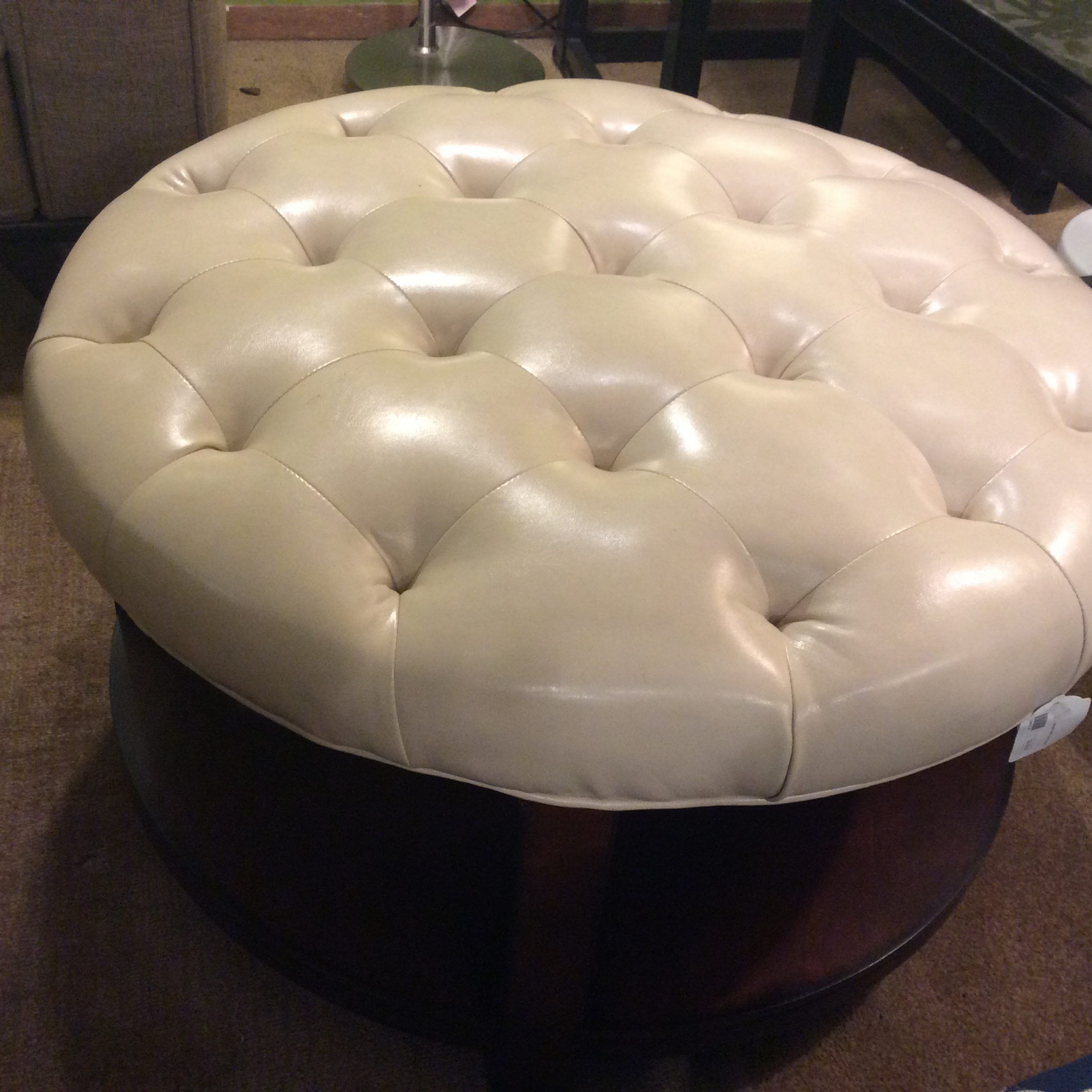 Cream Pouf Ottomans Within Best And Newest Cream Round Tufted Ottoman Sold – Ballard Consignment (View 3 of 10)