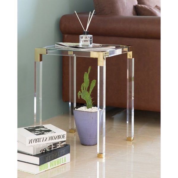 Current Gold And Clear Acrylic Side Tables Pertaining To Square Acrylic Gold Metal Modern Tempered Glass End Side Table (View 9 of 10)