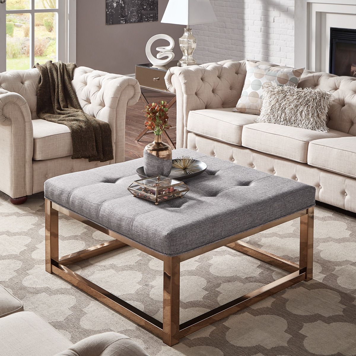 Current Gray And Gold Coffee Tables With Weston Home Libby Dimpled Tufted Cushion Ottoman Coffee Table With (View 4 of 10)