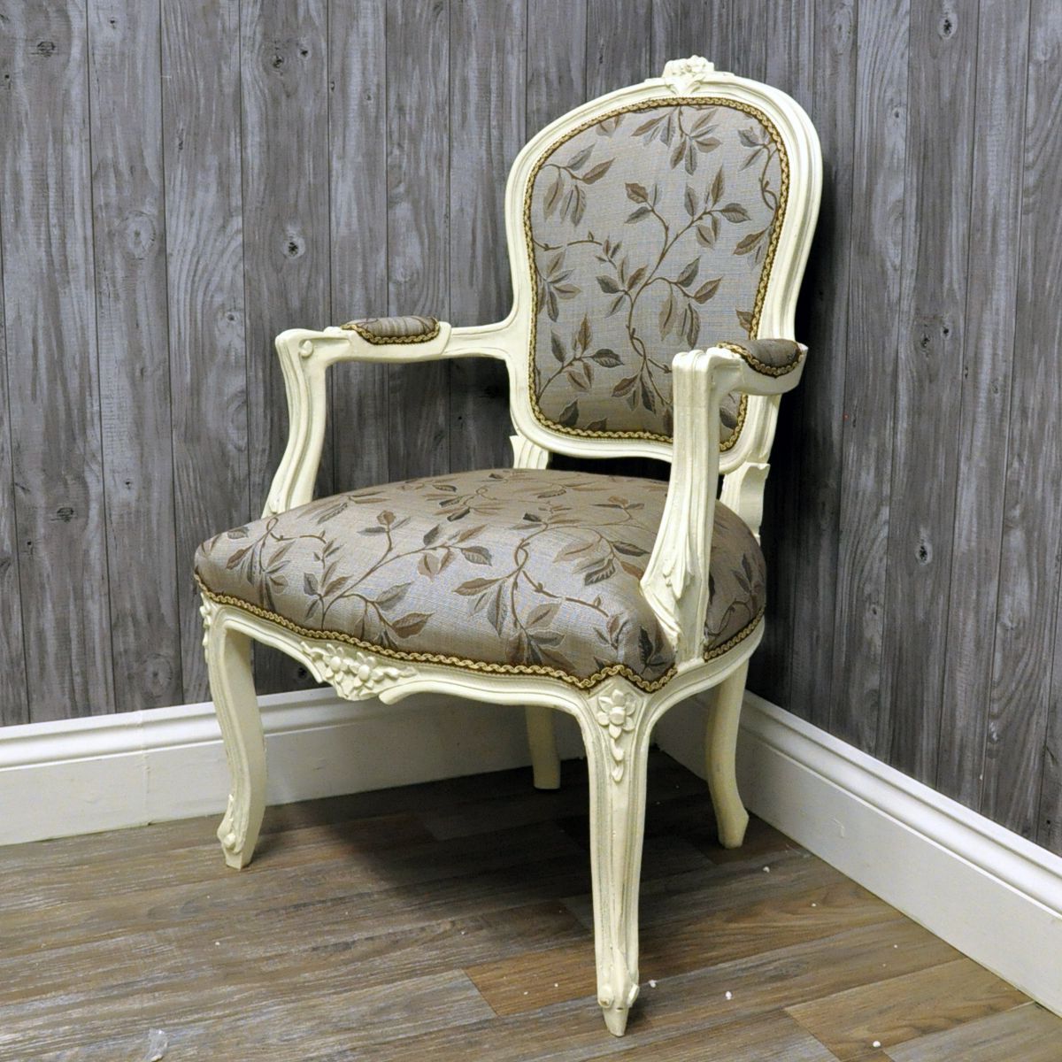 Current Gray And Natural Banana Leaf Accent Stools Pertaining To Antique Cream Finish French Style Louis Arm Chair With Grey Leaf Fabric (View 5 of 10)