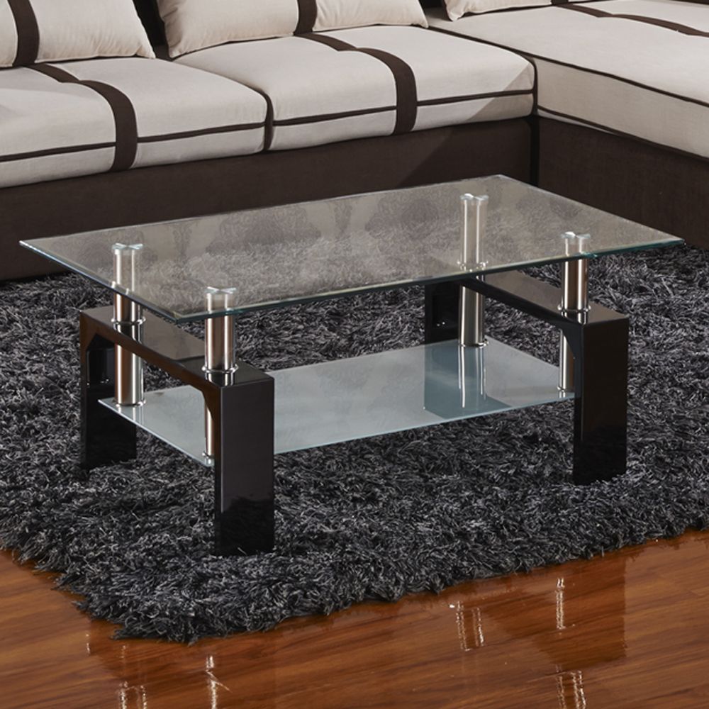 Current Modern Rectangular Black Glass Coffee Table Chrome Shelf Living Room For Chrome And Glass Modern Coffee Tables (View 3 of 10)
