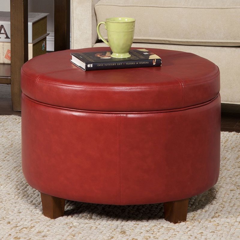 Current Round Gray Faux Leather Ottomans With Pull Tab With Homepop Large Faux Leatherette Storage Ottoman, Red (View 10 of 10)