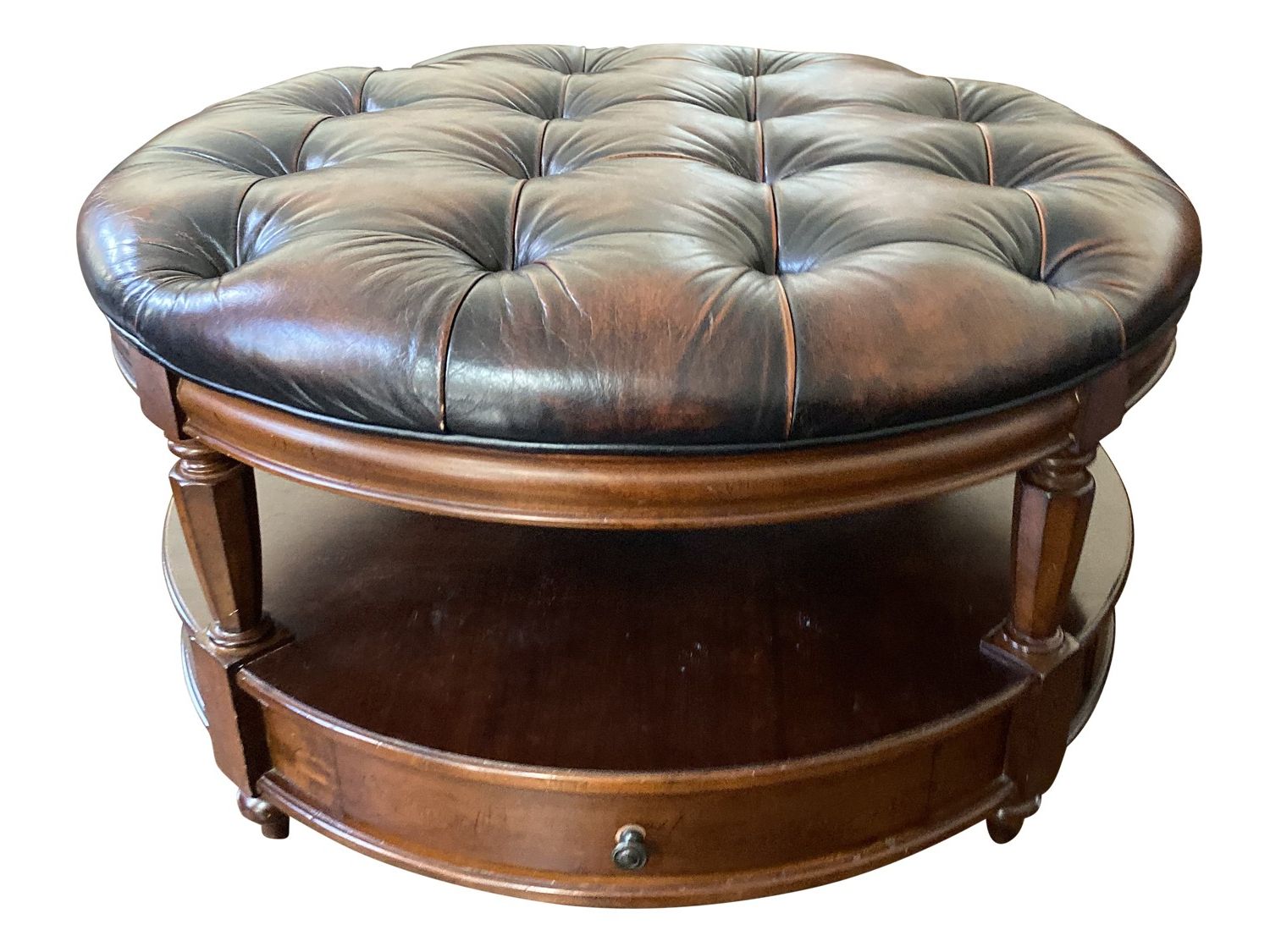 Current Round Leather Tufted Table Ottoman • The Local Vault Regarding Tufted Ottoman Cocktail Tables (View 1 of 10)