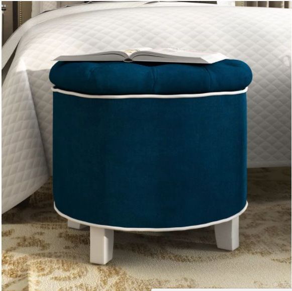 Current Round Storage Ottoman Blue Cotton Foam Lift Off Lid Wooden Bedroom Intended For Blue Round Storage Ottomans Set Of  (View 6 of 10)
