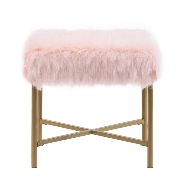 Current Square Faux Fur Upholstered Ottoman With Tubular Metal Legs And X Shape With White Faux Fur And Gold Metal Ottomans (View 9 of 10)