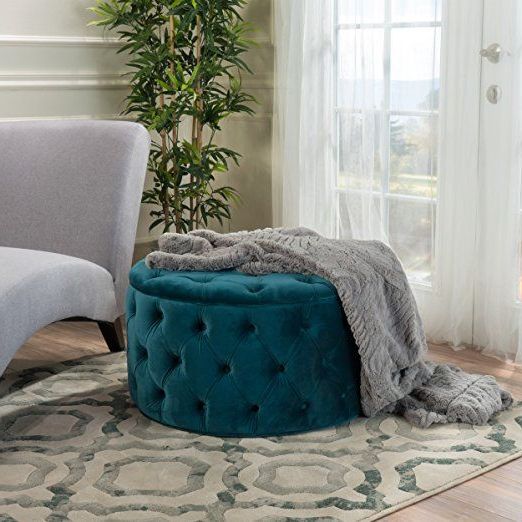 Current Teal Velvet Pleated Pouf Ottomans Inside Provence Teal Tufted New Velvet Ottoman (round) (View 9 of 10)