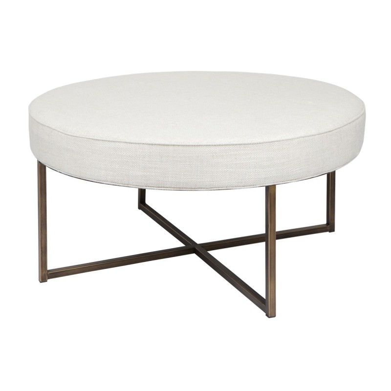 Current Xio Fabric & Iron Round Ottoman / Coffee Table, Light Beige Within Modern Oak And Iron Round Ottomans (View 1 of 10)