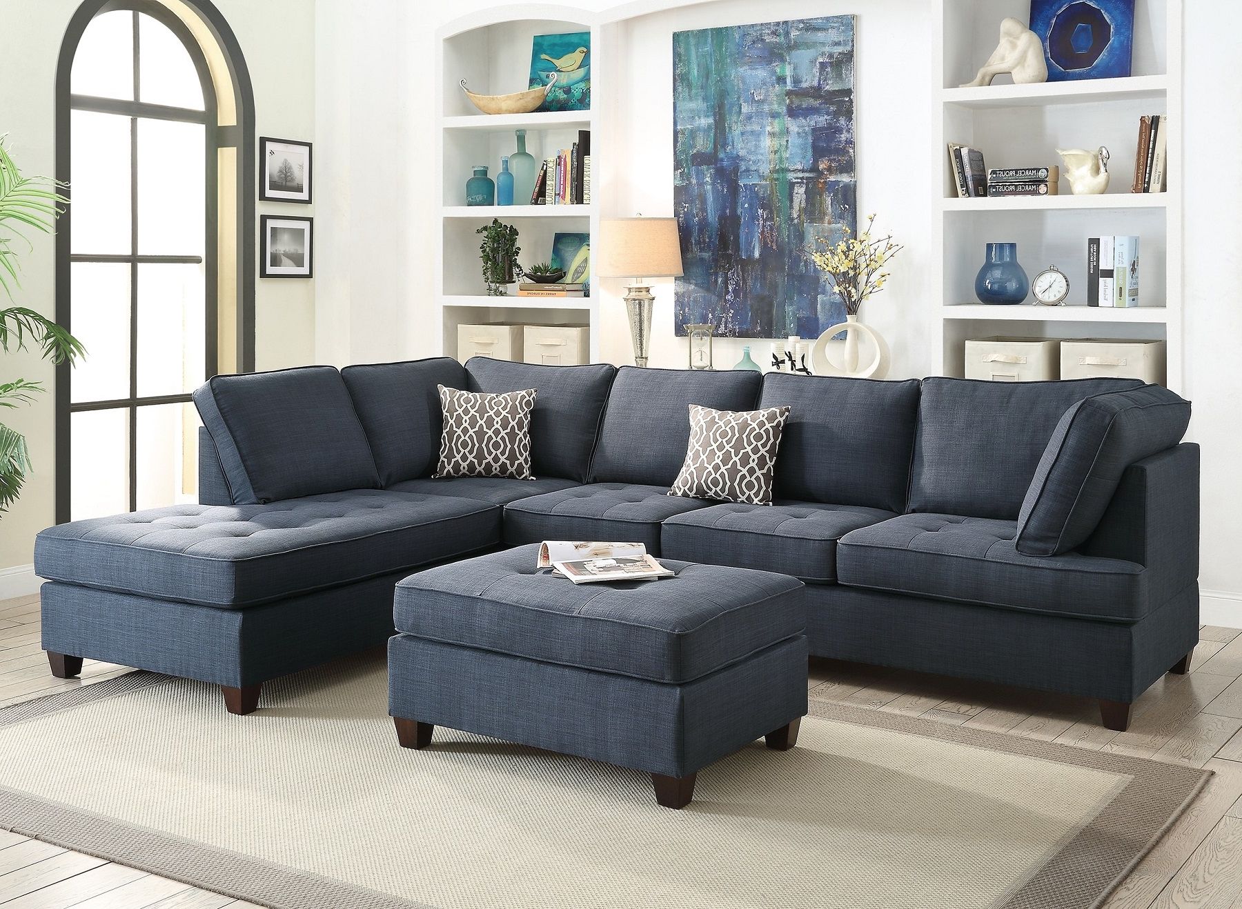 Dark Blue Dorris Fabric Smooth Textured Sectional Sofa Chaise 2pcs Set For Fashionable Blue Fabric Lounge Chair And Ottomans Set (View 10 of 10)