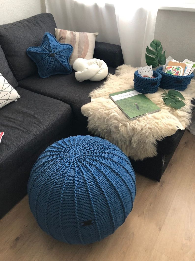 Denim Blue Chunky Knit Pouf Knitted Footstool Pouf Ottoman (View 4 of 10)