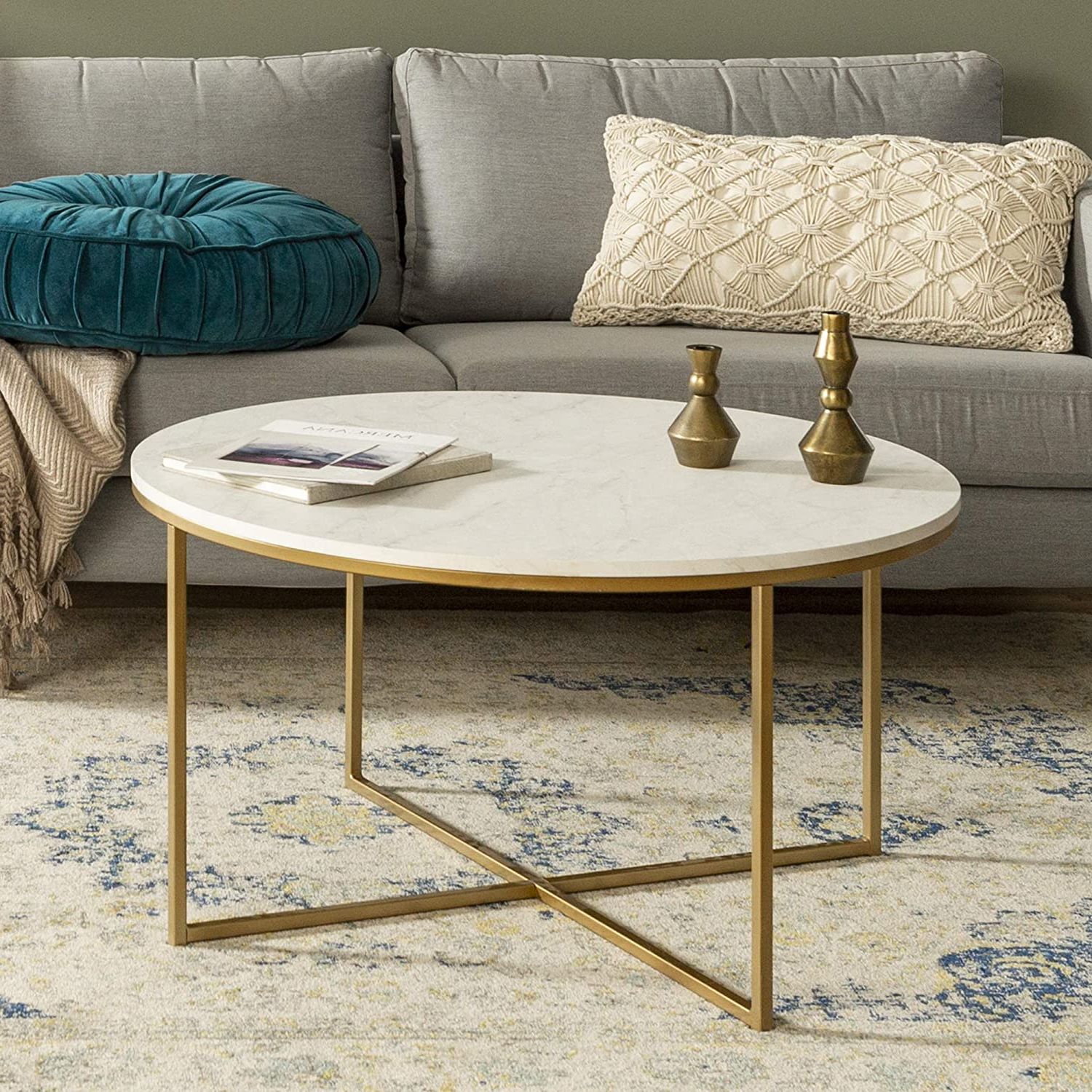 Eden Bridge Designs 91cm Round Mid Century Modern Coffee Table With X Within Well Liked White Marble Gold Metal Coffee Tables (View 5 of 10)