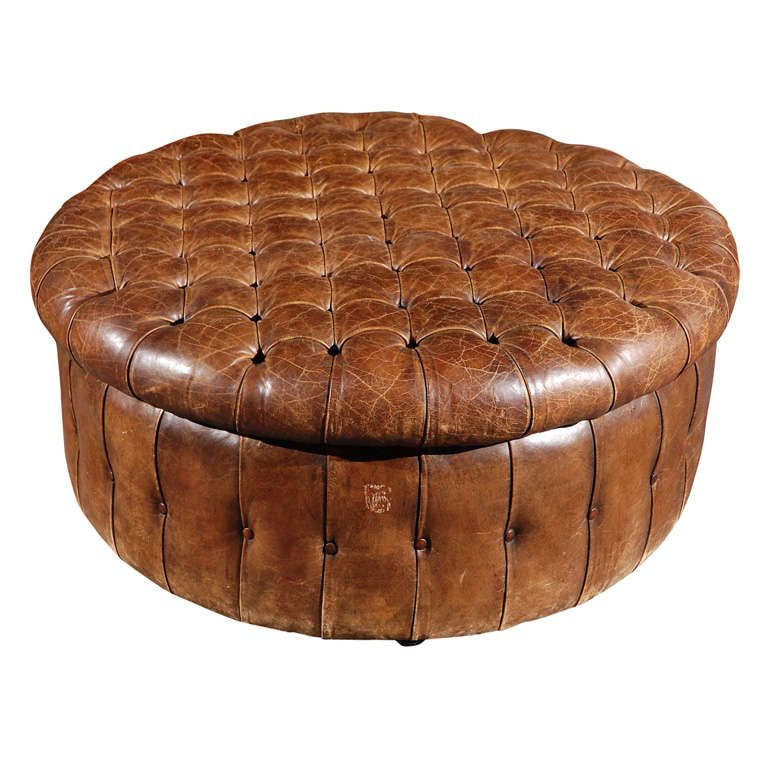 English Round Leather Ottoman, Circa 1880 At 1stdibs Intended For Well Liked Brown And Ivory Leather Hide Round Ottomans (View 7 of 10)