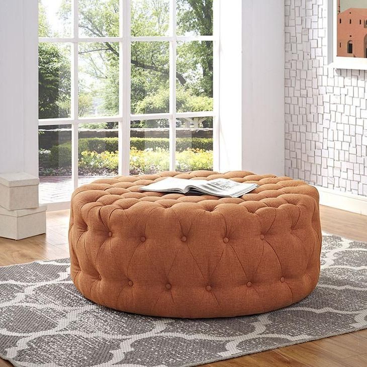 Fabric Ottoman, Round Ottoman, Round Tufted Ottoman Regarding Most Recent Brown Fabric Tufted Surfboard Ottomans (View 1 of 10)