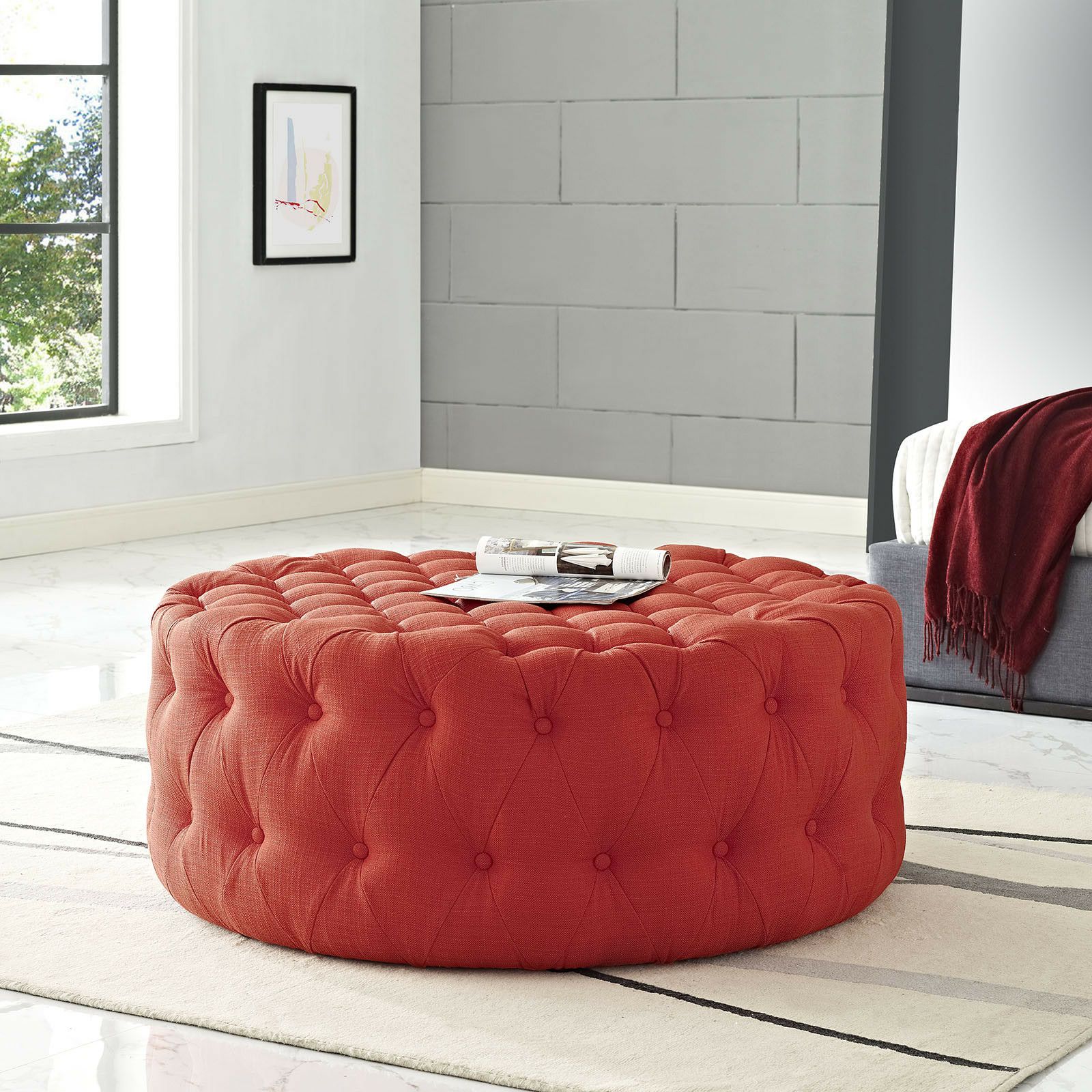 Fabric Oversized Pouf Ottomans In Widely Used Button Tufted Fabric Upholstered Round Ottoman In Atomic Red (View 4 of 10)